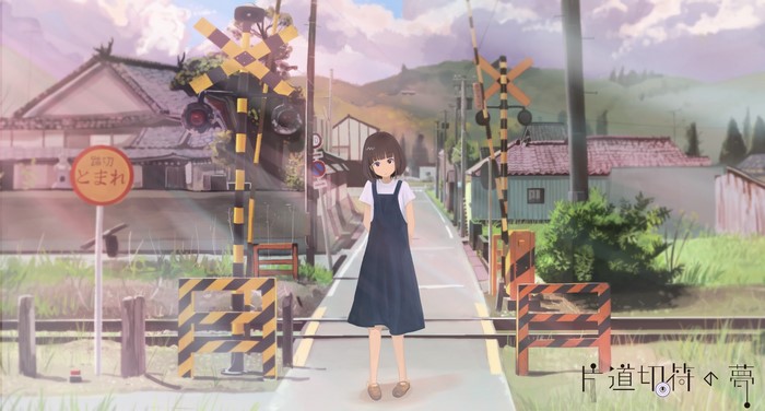 Anime girl at a railway crossing in a village