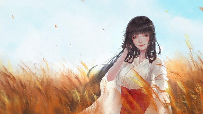 Anime girl with long black hair in a field