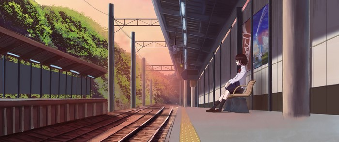 Anime girl waiting at a train station at sunset