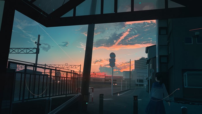 Anime girl at sunset near train tracks
