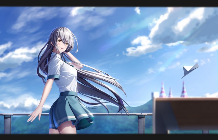 Anime girl with long hair under the sky