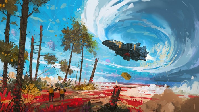 Spaceship delivering cargo to alien planet with astronauts