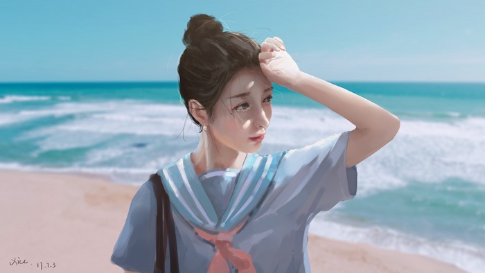 Anime girl with dark hair on a beach