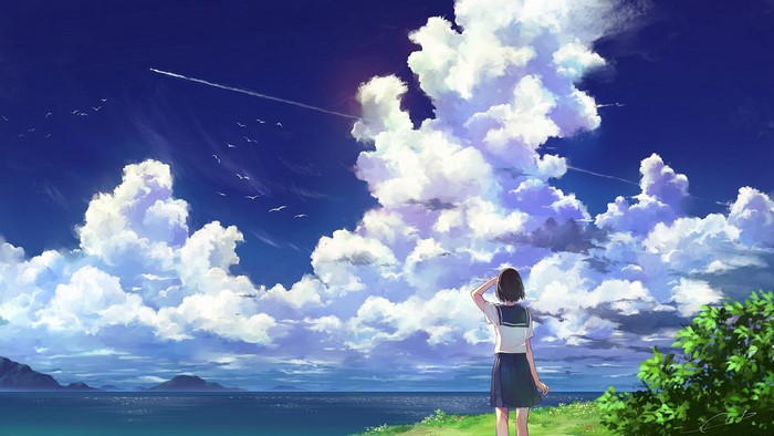 Anime girl in school uniform looking at the sky with clouds and birds