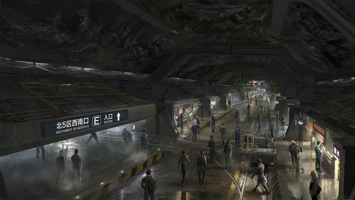 Science fiction underground tunnel with people