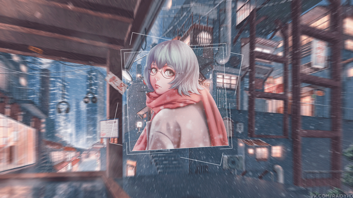 Anime girl with glasses and scarf in snowy city