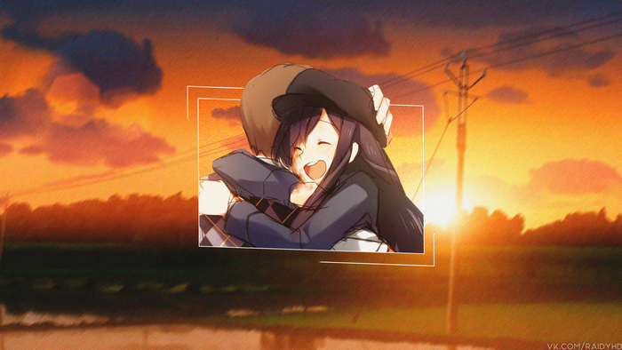 Anime couple hugging at sunset