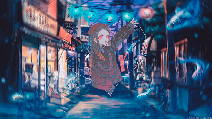 Nezuko Kamado from Demon Slayer in a Japanese alley