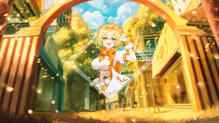 Anime girl in white and orange outfit in a city