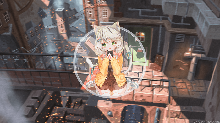 Anime Girl with Cat Holding Toy