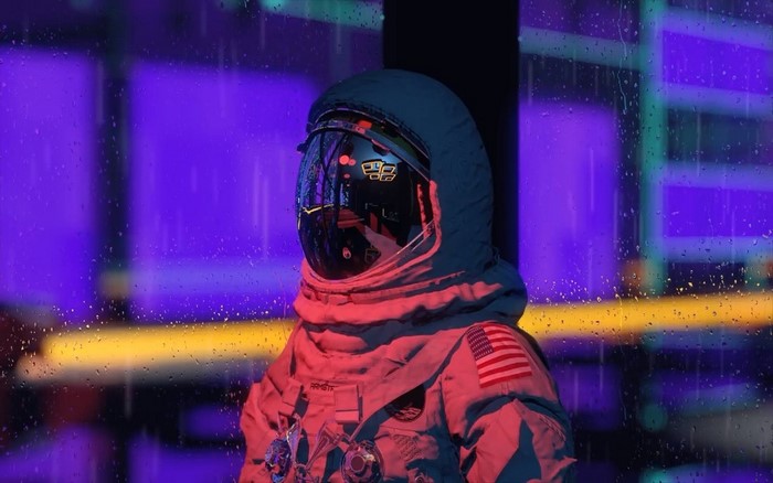 Astronaut in the rain with purple background