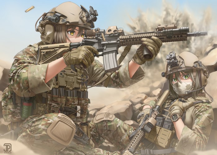 Anime Soldiers in Desert Setting with Assault Rifles