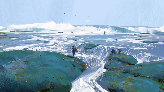 Artwork of people by a flowing river and icy landscape