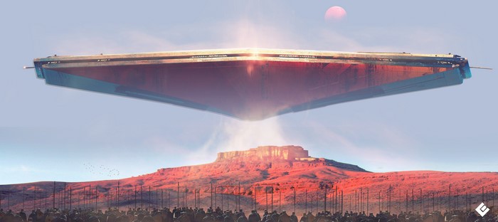 UFO hovering over desert landscape with crowd