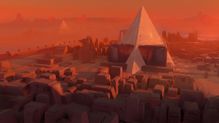 Digital art of a fantasy pyramid city at sunset