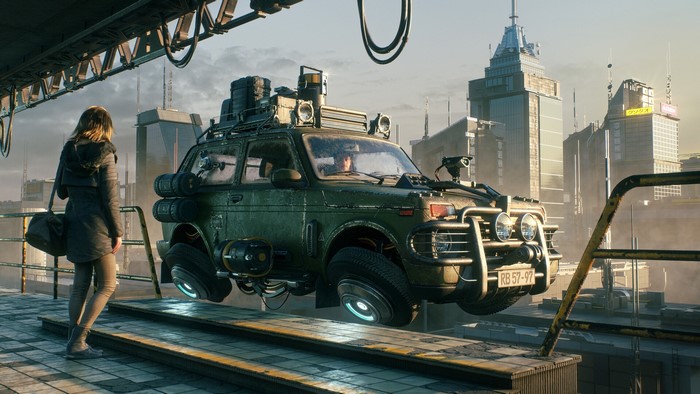 Futuristic flying vehicle in a cyberpunk cityscape
