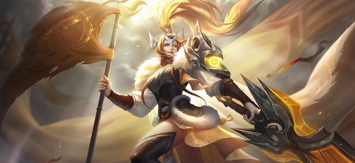 Fantasy girl warrior with sword and flag