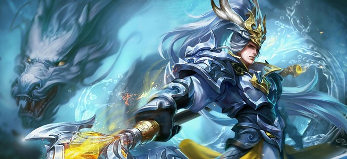 Armored warrior with a dragon in water