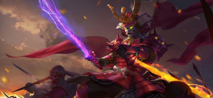 Armored Samurai with Glowing Eyes and Energy Swords