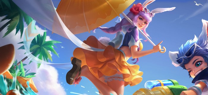 Anime girls with bunny ears and water guns at the beach