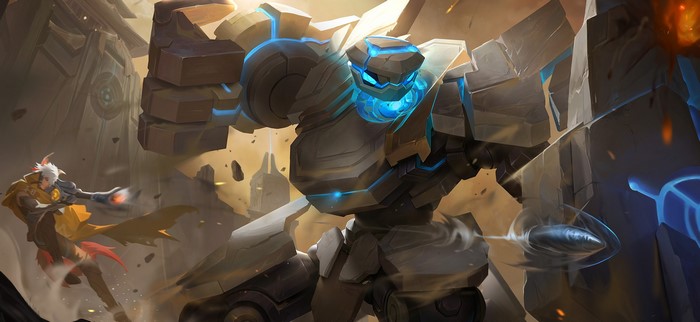 A warrior fights a giant robot in a desert landscape