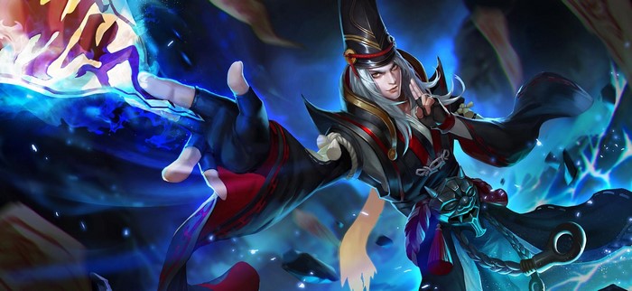 Fantasy man in traditional Japanese attire with blue energy