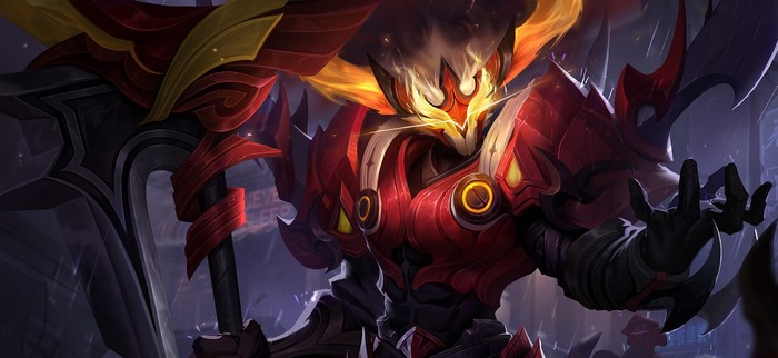Armored warrior with fiery helmet and large axe