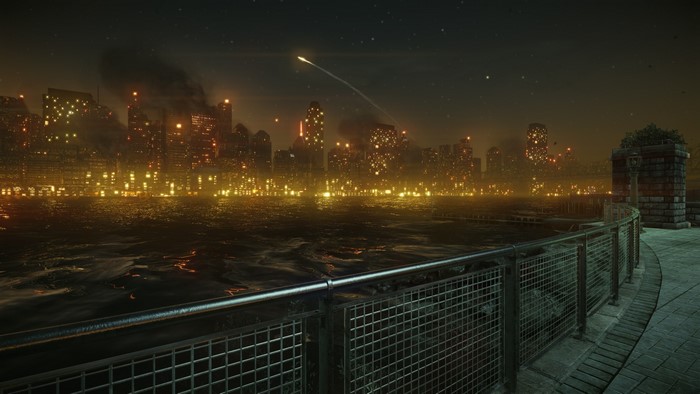 Cityscape at night with missile launch, Crysis 2