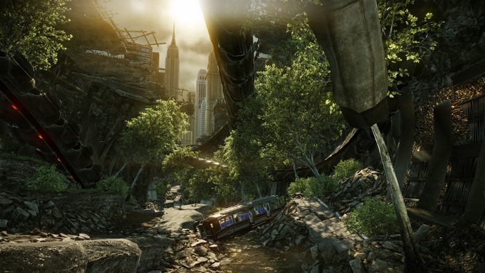Ruined city with overgrown vegetation and a train wreck