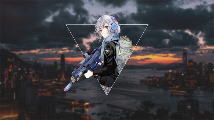 Anime girl with headphones and rifle in front of city skyline