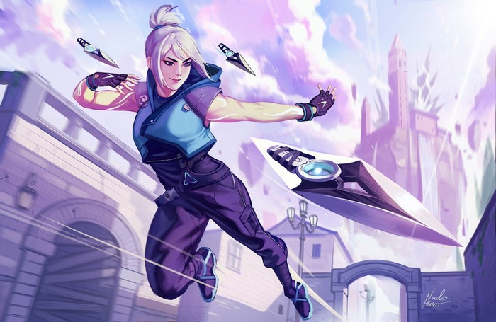 Jett from Valorant throwing knives in a city