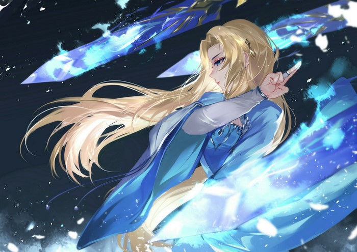 Anime girl with blonde hair and blue eyes wielding magic swords