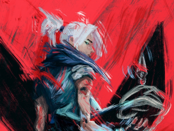 Jett from Valorant with white hair and blue clothing