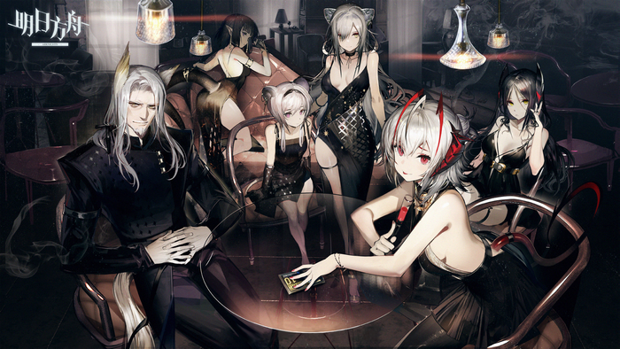 Arknights characters in a dimly lit lounge