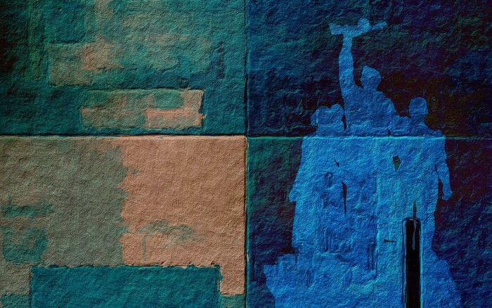Blue silhouette of soldiers on textured brick wall