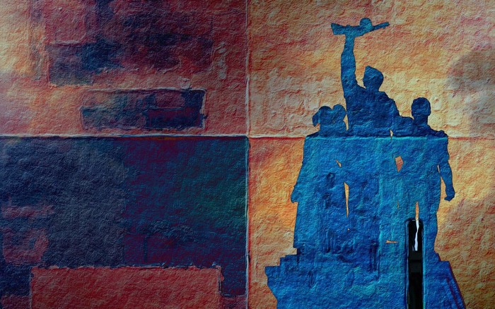 Blue silhouette of soldiers against textured background