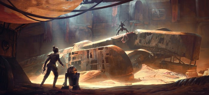 Rey and BB-8 in a Star Wars junkyard