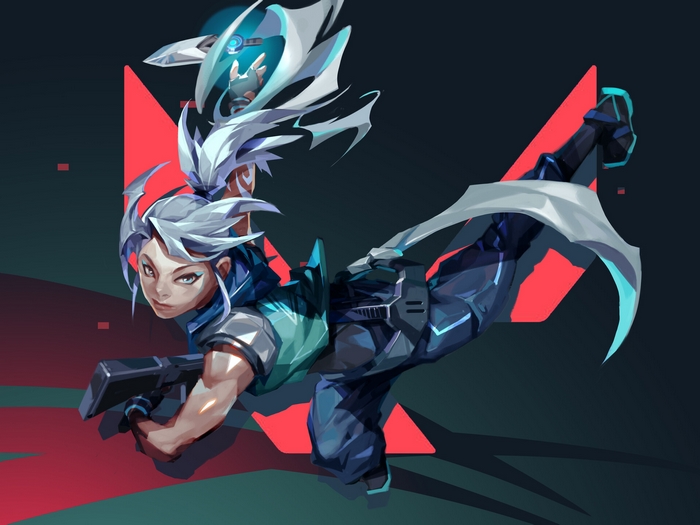 Jett from Valorant in dynamic pose with knives