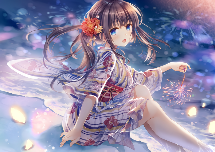 Girl in Yukata with Sparkler at Beach