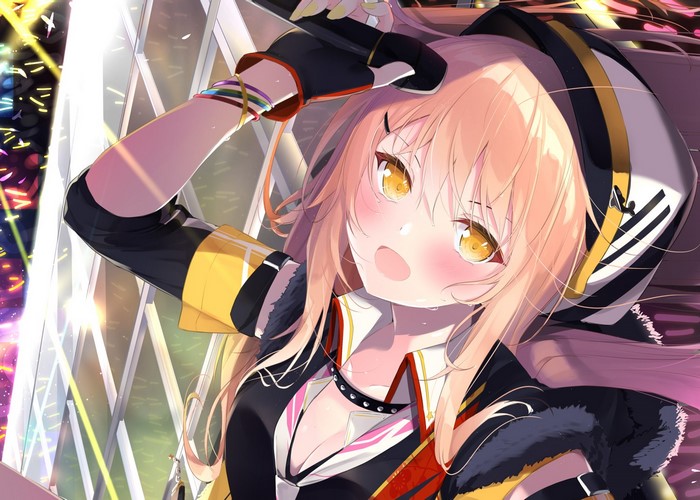 Anime girl with blonde hair and yellow eyes wearing a hat