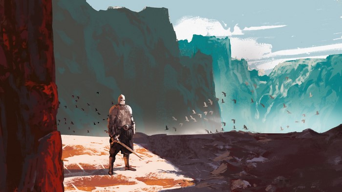 Knight standing on a cliff with birds flying