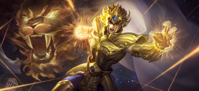 Anime boy in golden armor with lion spirit