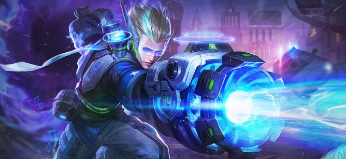 Futuristic anime character with a large energy weapon