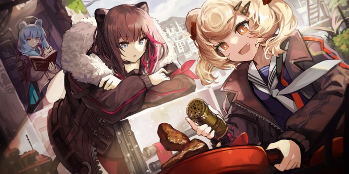 Anime girls cooking, Zima, Gummy, and Istina from Arknights