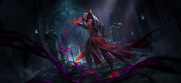 Fantasy art of a demonic figure with red robes