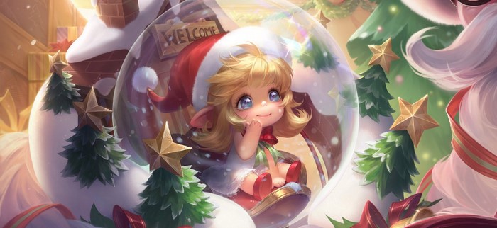 Anime girl in Santa hat inside a snow globe