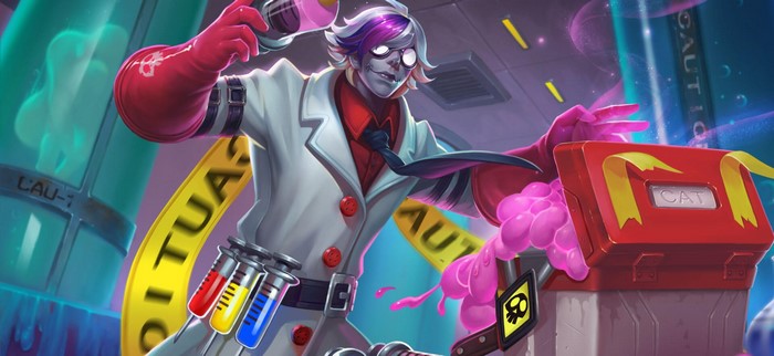 Mad scientist with purple hair in a lab
