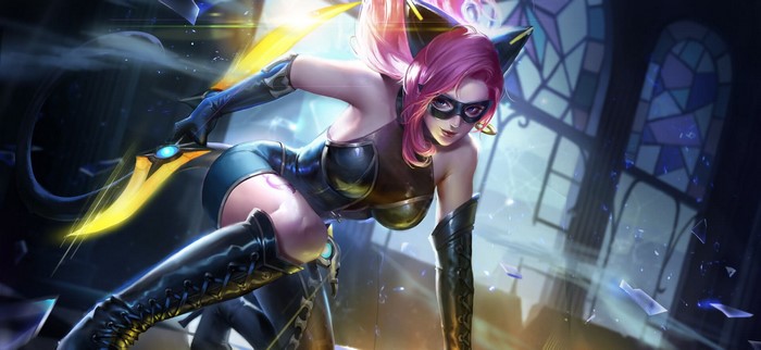 Anime girl with pink hair and mask holding a weapon