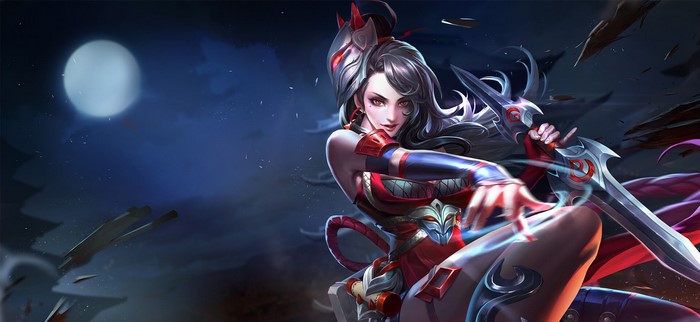 Anime girl with sword under the moon