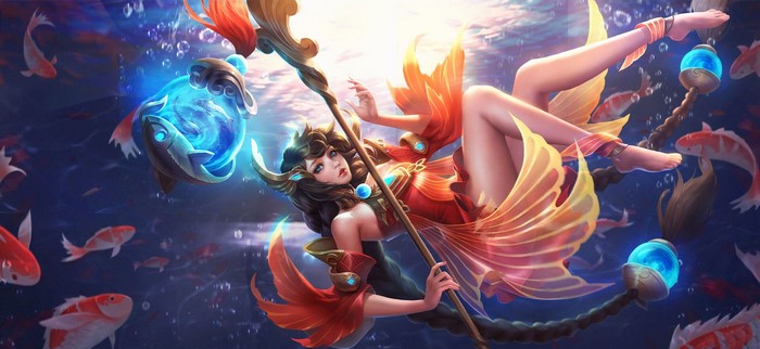 Anime girl with staff and fish underwater